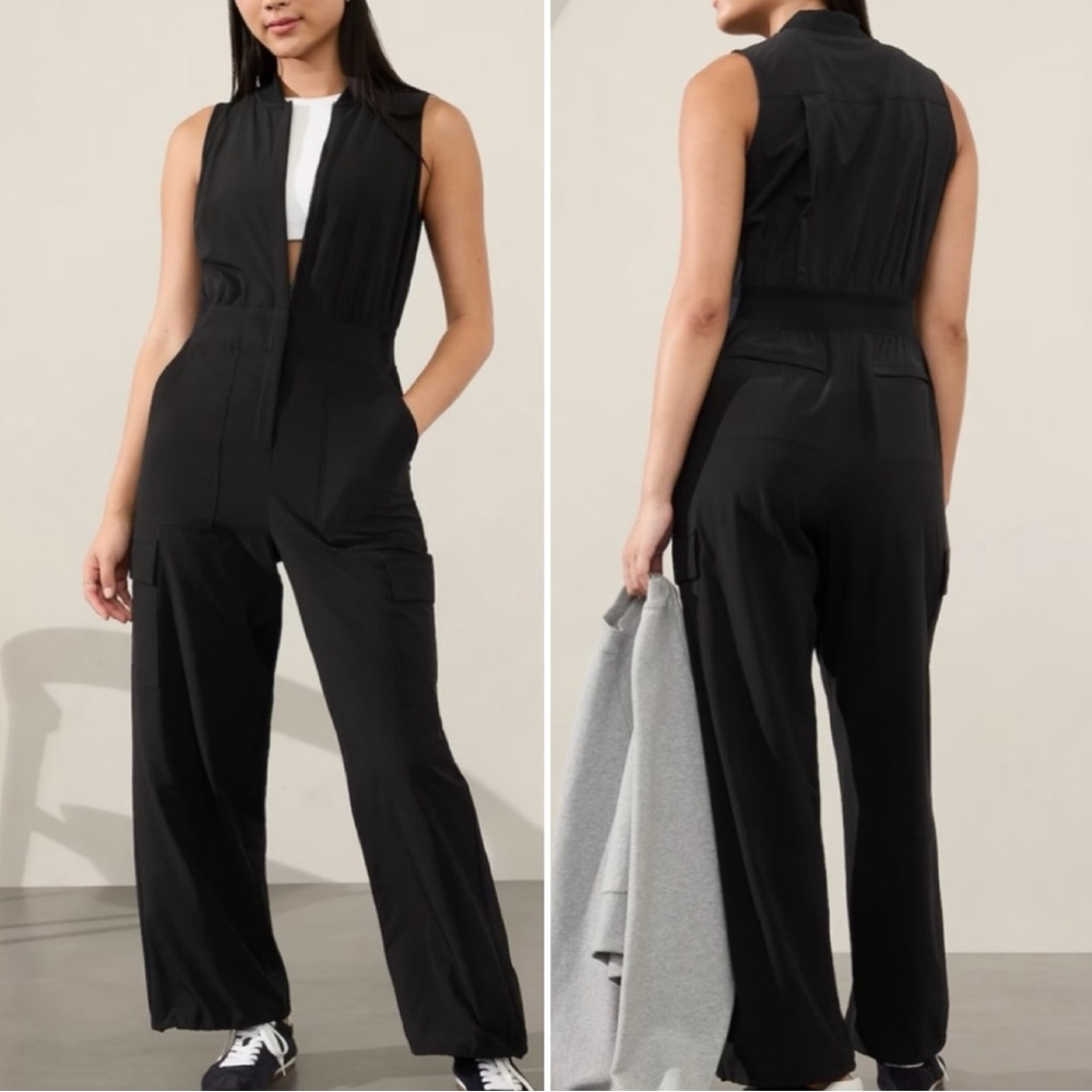 Athleta Brooklyn Utility Jumpsuit 8 Petite Black Wide Leg Sleeveless Zip Up